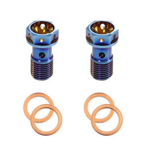 Pair of blue Grade 5 titanium M10 × 1.0 banjo bolts with four copper crush washers, top view