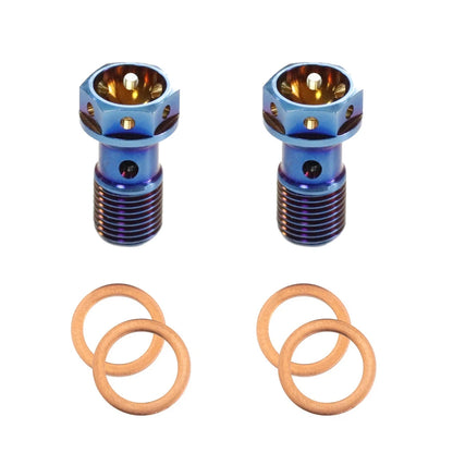 Pair of blue Grade 5 titanium M10 × 1.0 banjo bolts with four copper crush washers, top view