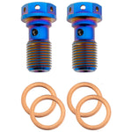 Pair of blue Grade 5 titanium M10 × 1.25 banjo bolts with four copper crush washers, side view