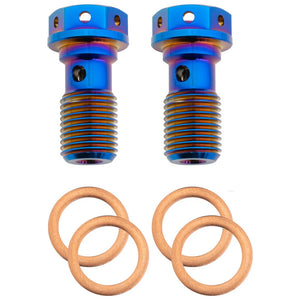 Pair of blue Grade 5 titanium M10 × 1.25 banjo bolts with four copper crush washers, side view