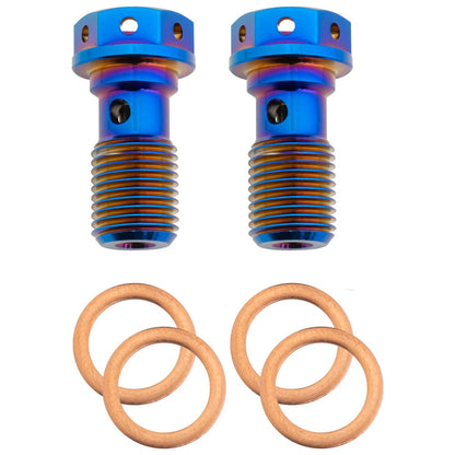 Pair of blue Grade 5 titanium M10 × 1.25 banjo bolts with four copper crush washers, side view