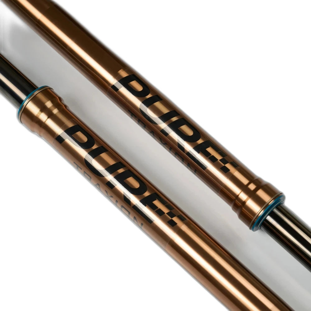 Close view of Pure Racing Traxion fork stanchions with logo