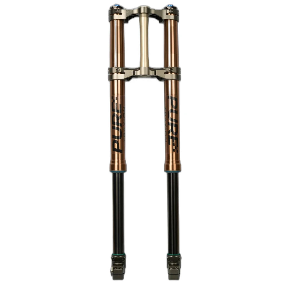Pure Traxion fork front view of stanchions and long 260 mm travel for Surron Ultra Bee