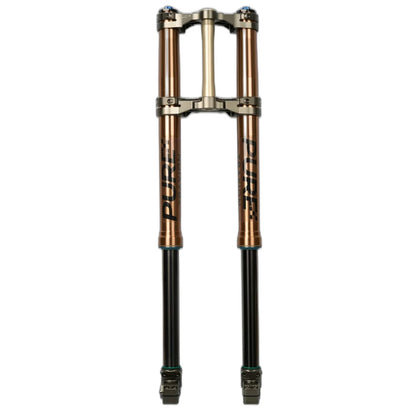 Pure Traxion fork front view of stanchions and long 260 mm travel for Surron Ultra Bee