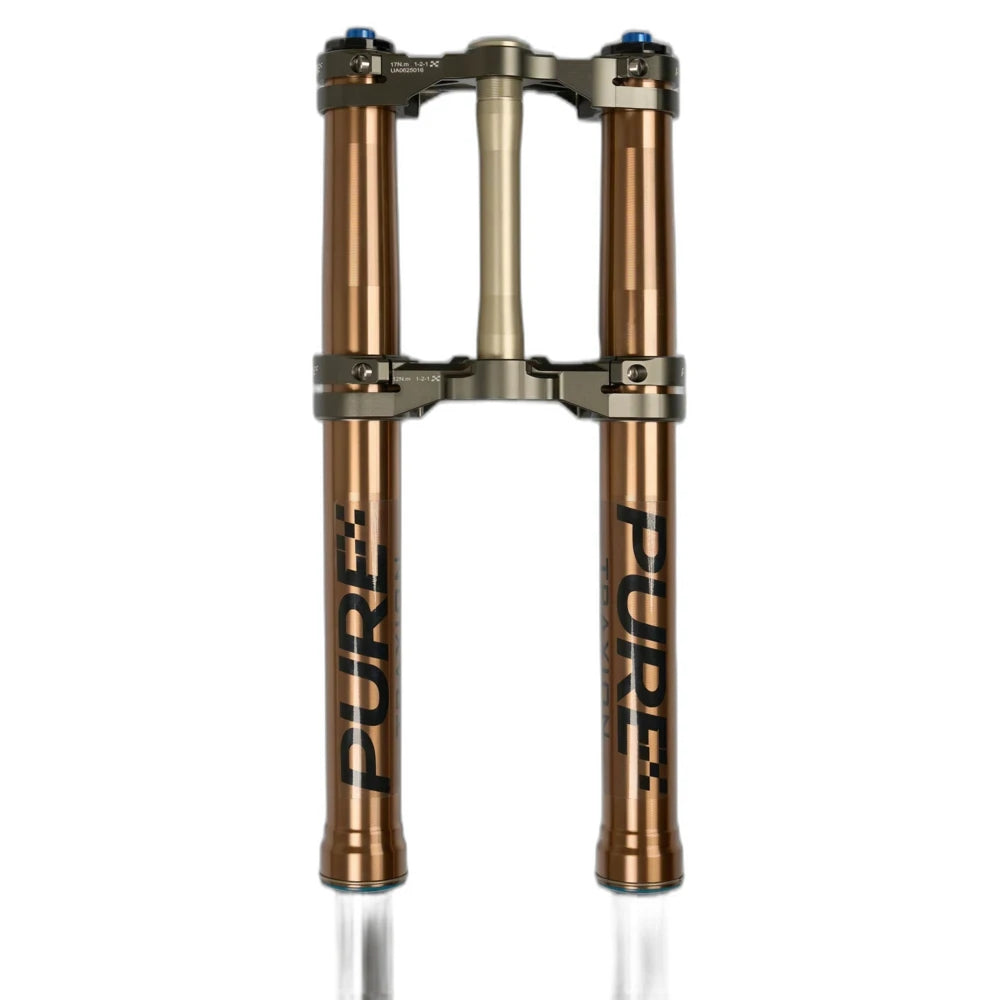 Pure Traxion fork front view upper stanchions and long 260 mm travel for Surron Ultra Bee