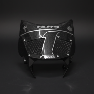 Surron Ultra Bee vented plate, black metal flake with silver outlined number 1 and mesh vents, front view on a dark backdrop