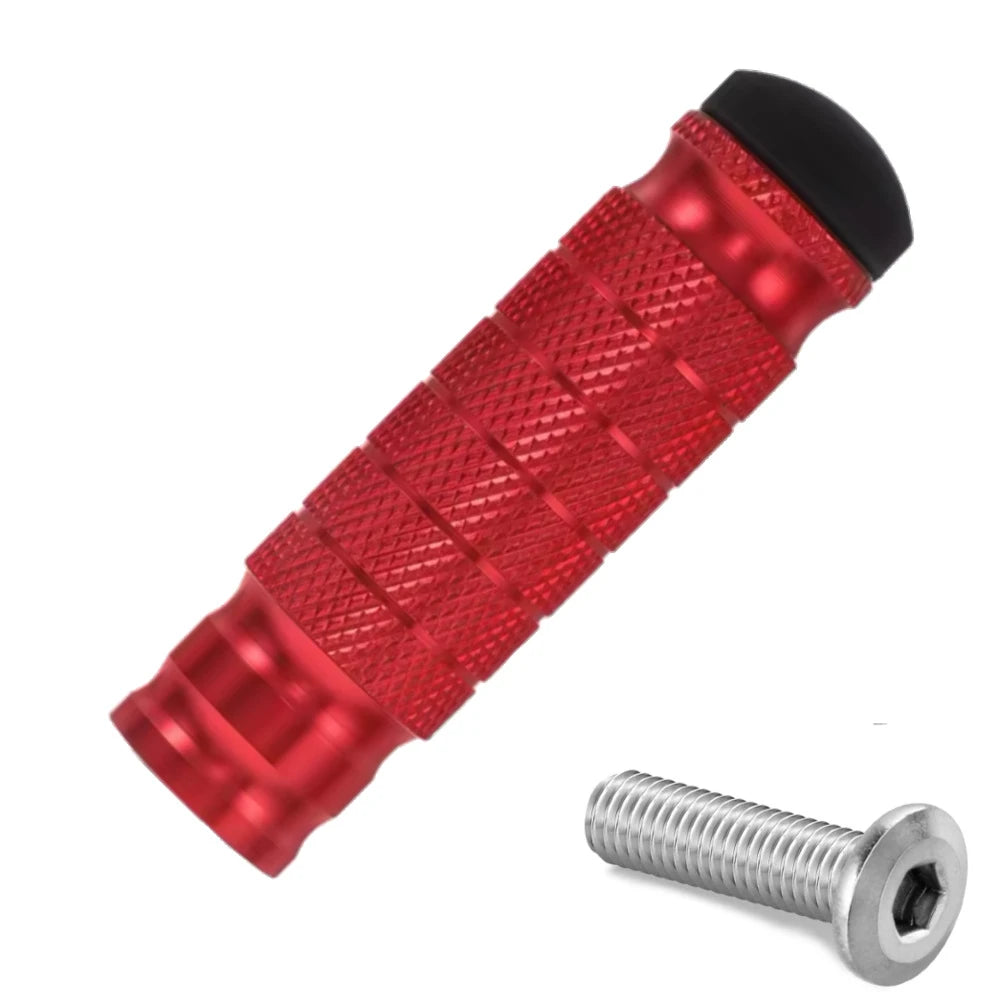 Eride Pro shift lock peg replacement in red, knurled grip with black end cap and a silver hex bolt, angled view