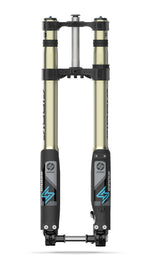 Sirris F43 CMX inverted suspension fork for Surron LBX, gold stanchions and black lowers with teal logo, front view