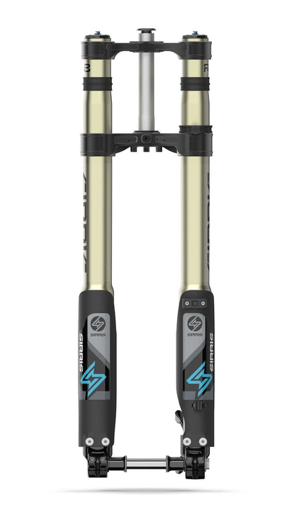 Sirris F43 CMX inverted suspension fork for Surron LBX, gold stanchions and black lowers with teal logo, front view
