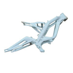 Surron frame kit for the Light Bee in white, main frame with swingarm and subframe assembled, side view
