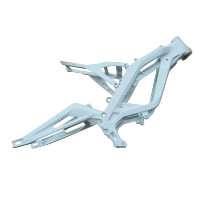 Surron frame kit for the Light Bee in white, main frame with swingarm and subframe assembled, side view