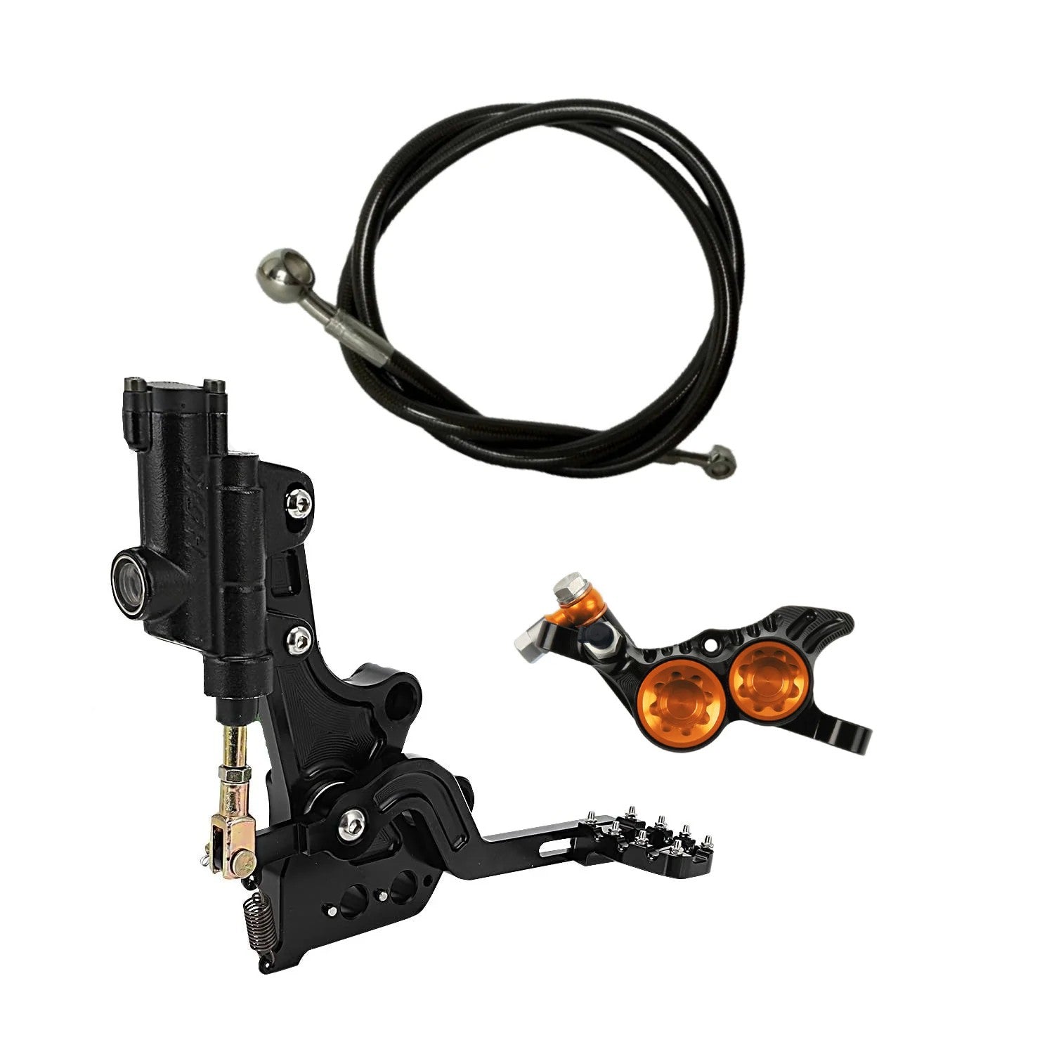 Hope Tech 4 V4 rear foot brake kit installed on Surron Light Bee X – Black & Orange caliper