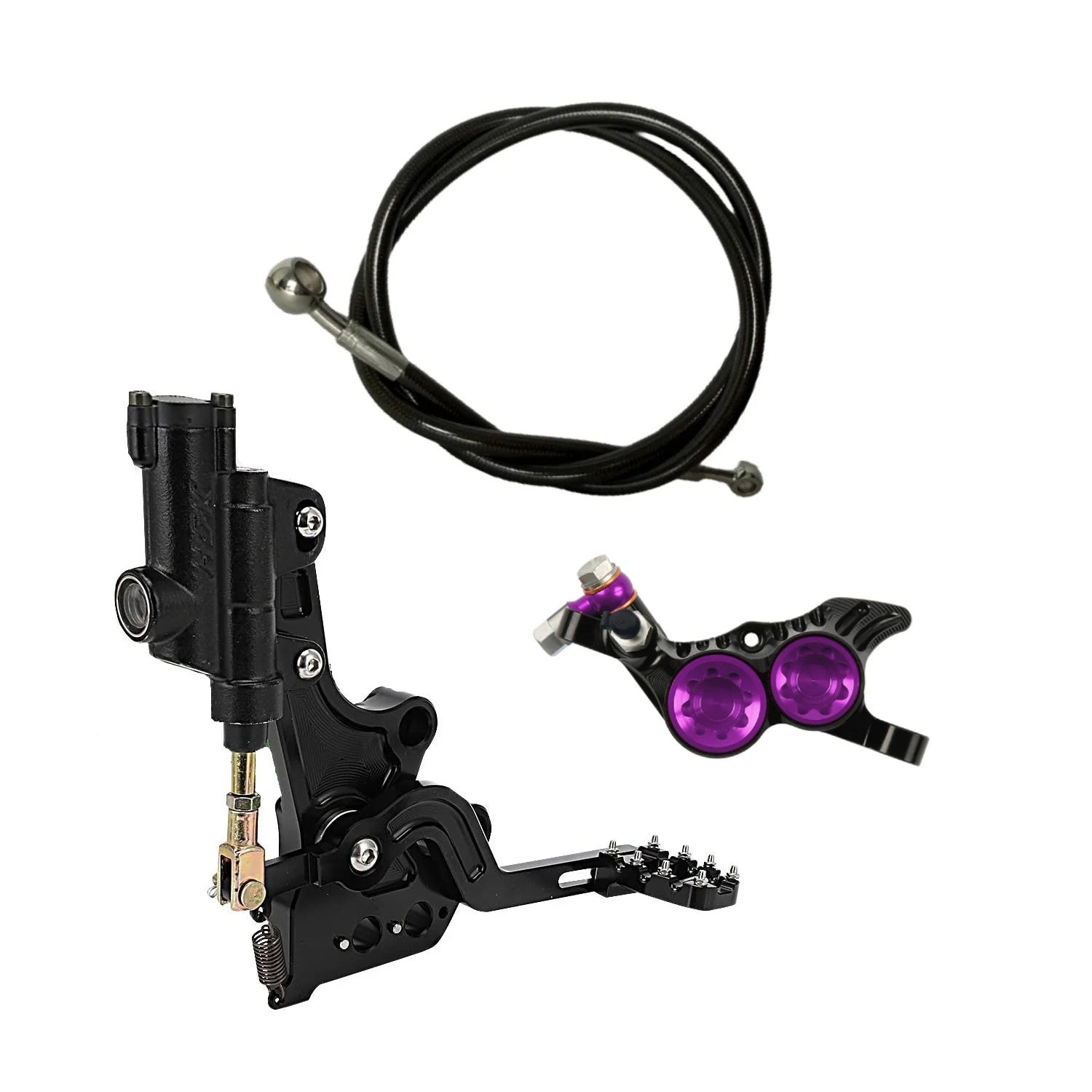 Hope Tech 4 V4 rear foot brake kit installed on Surron Light Bee X – Black & Purple caliper