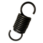 Surron foot brake return spring replacement, black coiled extension spring with open hook ends, angled view