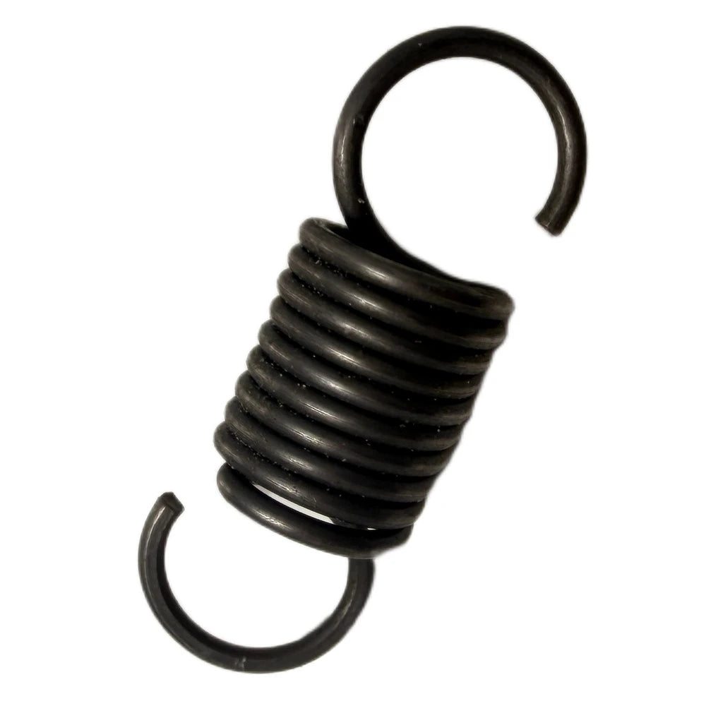 Surron foot brake return spring replacement, black coiled extension spring with open hook ends, angled view