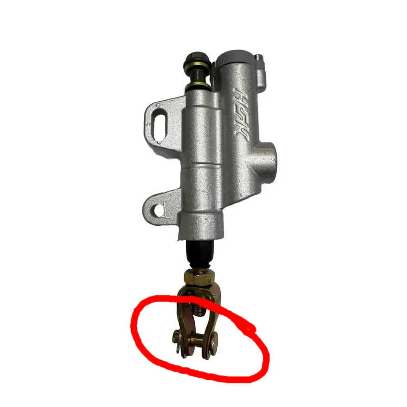 Surron foot brake master cylinder clevis and cotter pin, silver aluminum body with brass clevis and split cotter pin at base