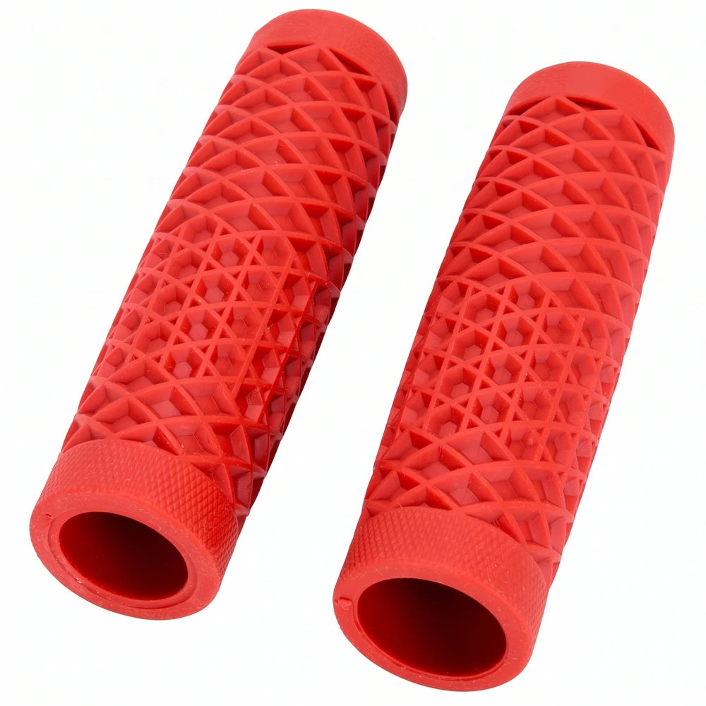 Surron waffle grips in red, angled pair showing the open inner ends and knurled end rings