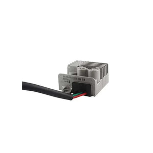 Surron Light Bee 12V converter close-up, finned housing, mounting tab and red, green and black wires