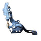 Surron Light Bee foot brake assembly, black CNC bracket with silver master cylinder, brass linkage and blue pedal pad