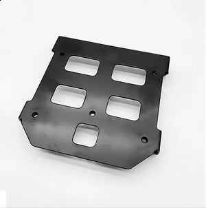 Surron battery tray in black, overhead view of the bolt holes and side tabs on a white background
