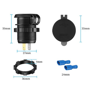 Surron USB charger dimensions, 50mm body, 35mm cap, 36mm mounting nut and 24mm spade connectors
