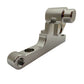 Surron front moto brake caliper bracket, CNC-machined silver aluminum, back-side angle showing mounting bores and threaded hole