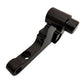 Surron front moto brake caliper bracket, black anodized CNC-machined aluminum, twin mounting bolt holes, angled back view