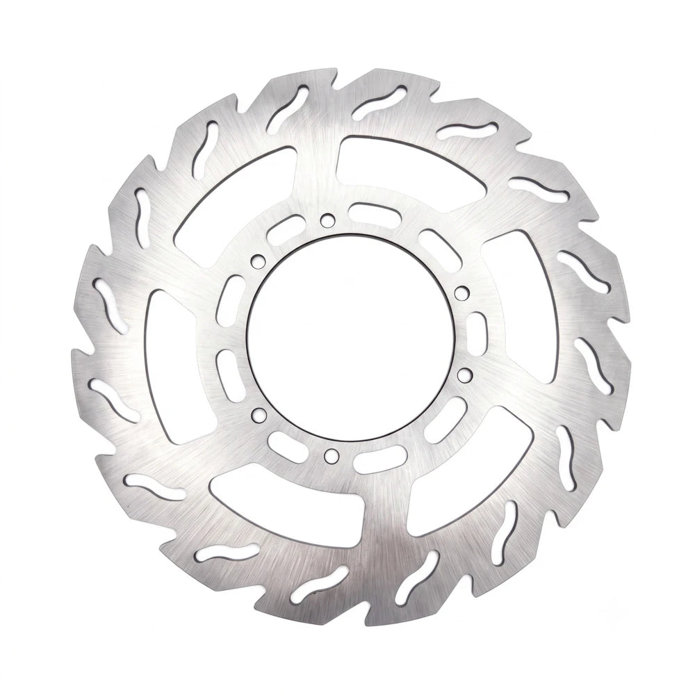 Surron Ultra Bee 270mm brake rotor, stainless steel disc with curved cooling slots, front view