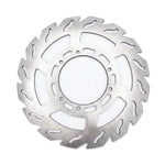 Surron Ultra Bee 270mm brake rotor, stainless steel serrated-edge disc with curved cooling slots, front view