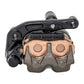 Surron Ultra Bee front brake caliper, dual-piston with copper brake pads and black mounting bracket, front view