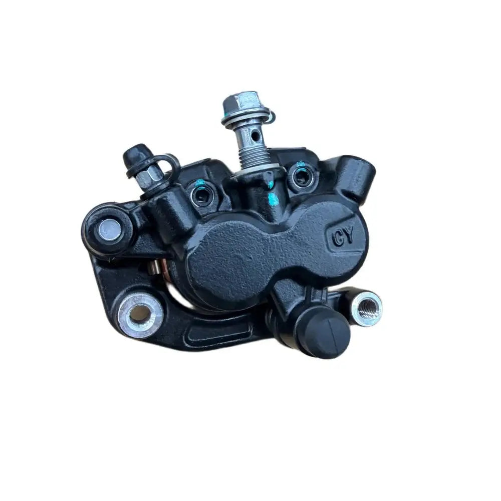 Surron Ultra Bee front hydraulic brake caliper, twin-piston body with banjo bolt and bleed valve, three-quarter angle