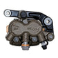 Surron Ultra Bee front brake caliper, embossed Surron logo with black mounting bracket and bleeder valve, upside-down view