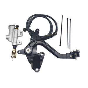 black surron ultra bee v2 foot brake bracket, lever, and master cylinder. on a white background