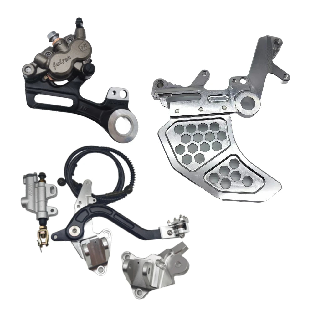 Surron Ultra Bee foot brake kit in silver with dual caliper bracket, rear caliper, master cylinder, and pedal assembly