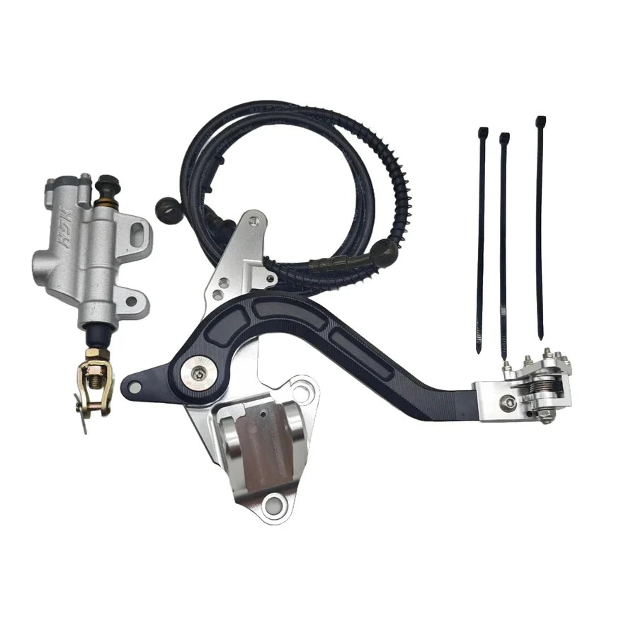 silver surron ultra bee v2 foot brake bracket, lever, and master cylinder. on a white background
