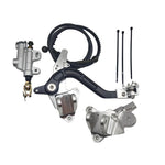 Surron Ultra Bee foot brake V2 kit in silver with pedal, master cylinder, and billet brackets