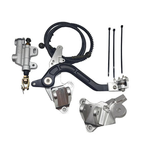 Surron Ultra Bee foot brake V2 kit in silver with pedal, master cylinder, and billet brackets