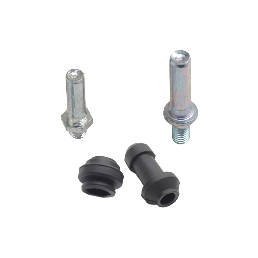 Close up of Two caliper poles and two black rubber sliders for surron ultra bee brakes on a white background