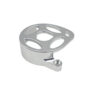 Surron Ultra Bee motor cover in silver anodized aluminum, bolts over the primary pulley with stock hardware