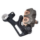 Surron Ultra Bee OEM rear brake caliper, rear angle showing copper sintered brake pads seated in the caliper body and mounting bracket