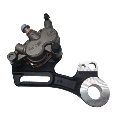 Surron Ultra Bee OEM rear brake caliper, front three-quarter view showing Surron branding, bleed nipple, and black aluminum mounting bracket