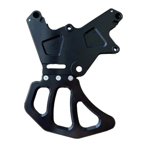 CNC-machined dual caliper brake bracket with rotor guard for Surron rear brake upgrade