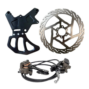 Complete Surron rear dual caliper brake kit with bracket, rotor, and hydraulic calipers