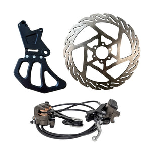 Complete Surron single caliper brake kit with bracket, rotor, and hydraulic brake system