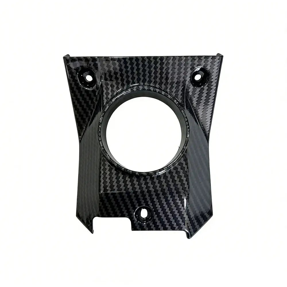 Talaria X3 carbon fiber horn cover, glossy twill-weave finish with circular center cutout and mounting holes, front view
