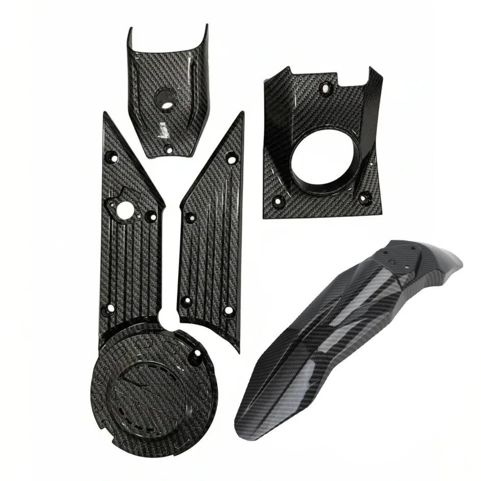 Talaria X3 carbon fiber plastic body kit, glossy twill-weave panels with front fender and headlight surround