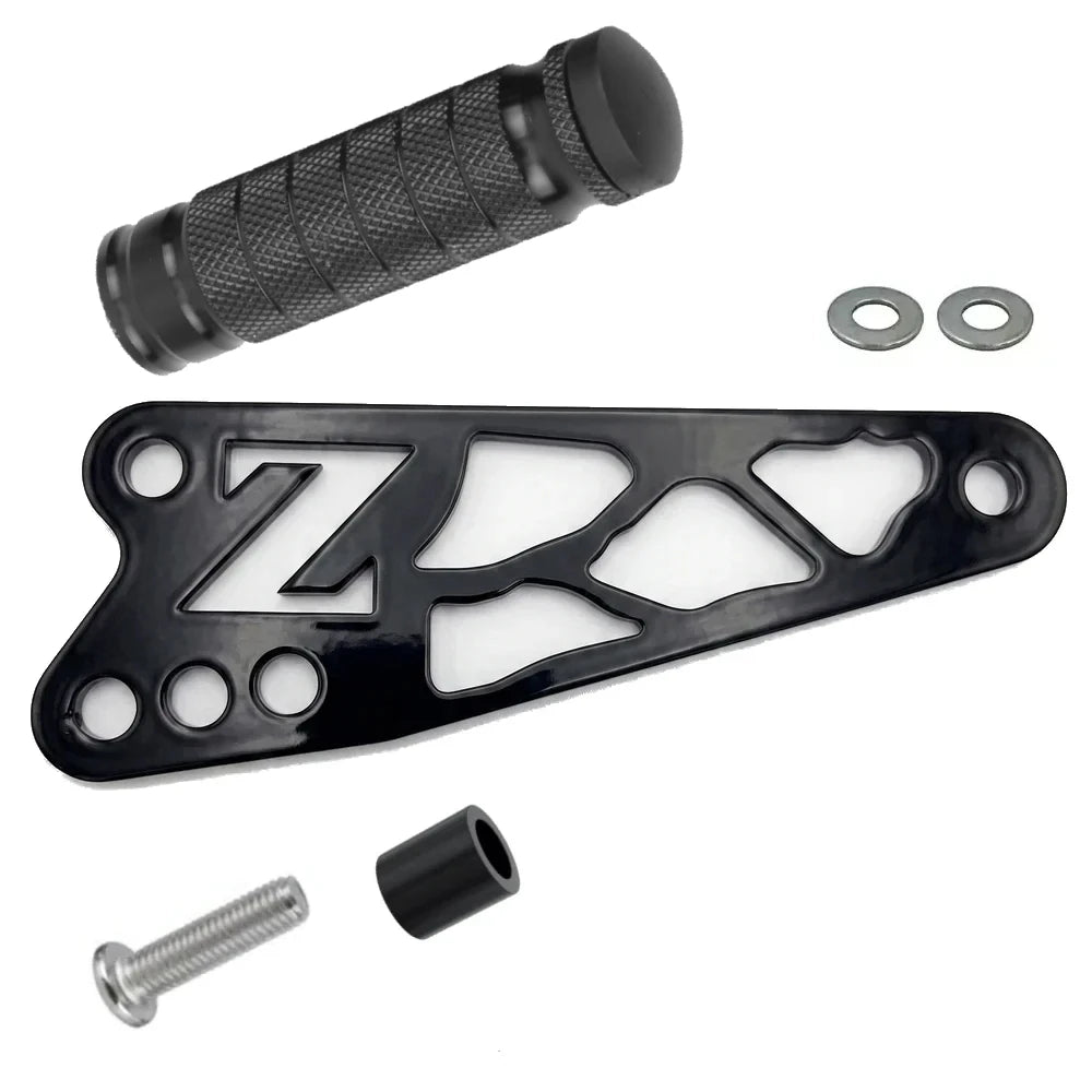 Talaria X3 shift lock kit, black anodized CNC bracket with Z cutout logo, knurled peg, spacer, washers and bolt