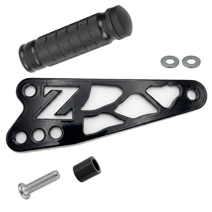 Talaria X3 shift lock kit, black anodized CNC bracket with Z cutout logo, knurled peg, spacer, washers and bolt