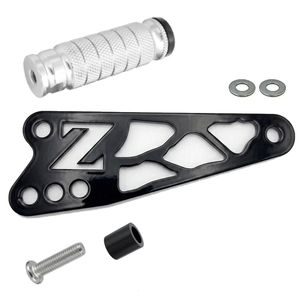 Talaria X3 shift lock kit, black anodized CNC bracket with cut-out Z logo, knurled aluminum peg, washers and bolt hardware