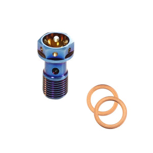 Single titanium M10 × 1.0 banjo bolt with two copper crush washers, side angle showing safety-wire holes
